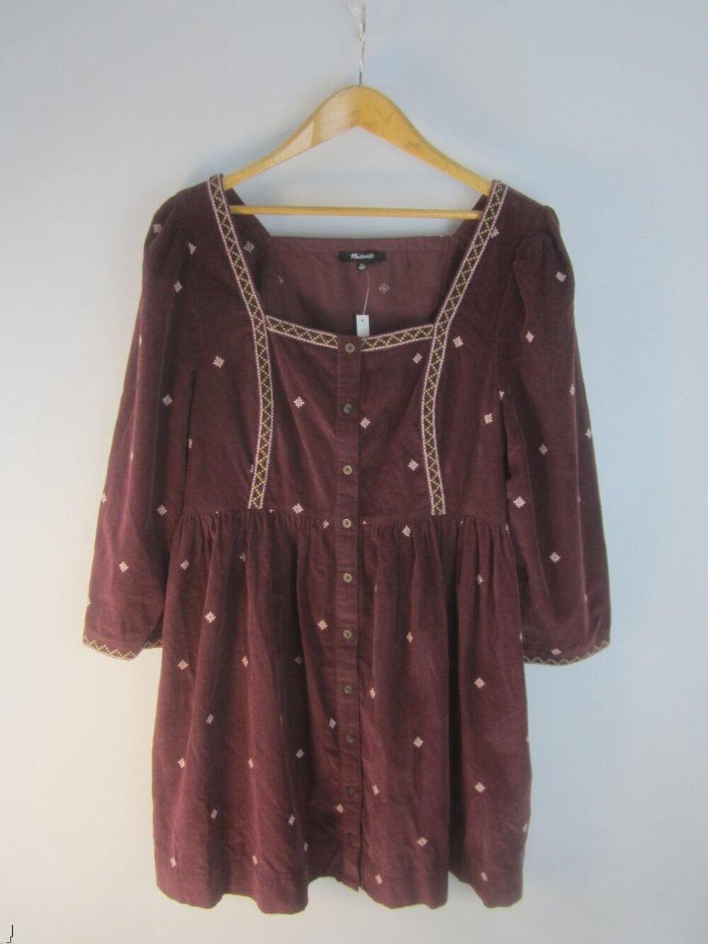 NEW Madewell Women 12 Dark Purple Corduroy Embroidered LS Dress Peasant $135
